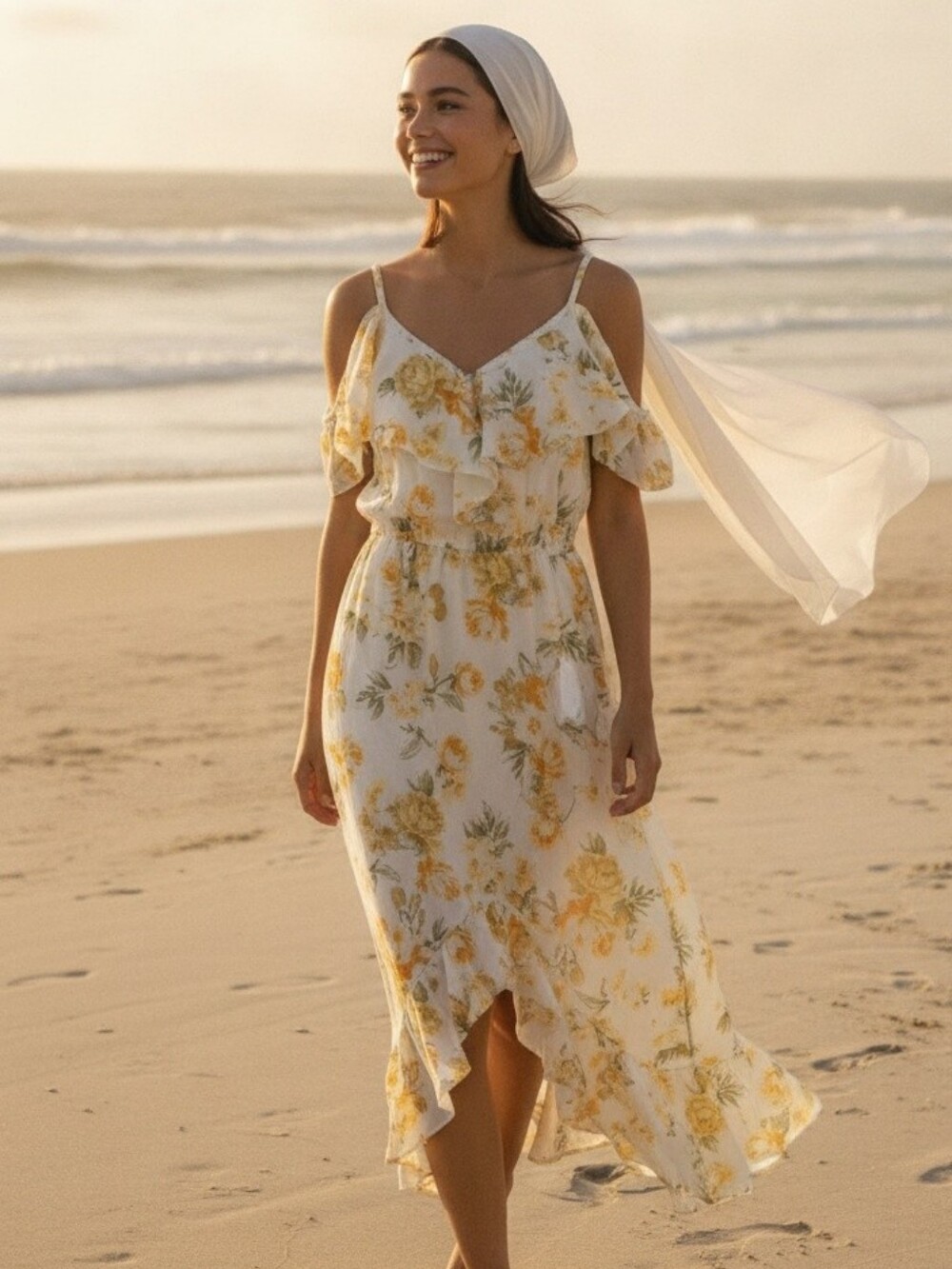 Blush White Maxi Dress with Yellow Floral Print